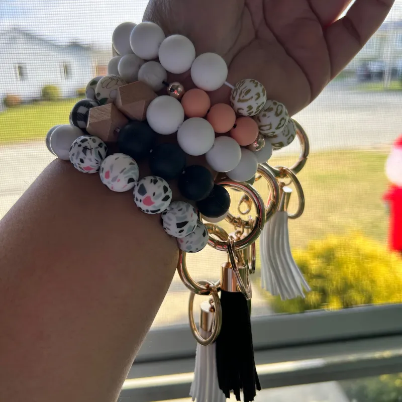 White Leopard & Pink Silicone Wristlet Keychain