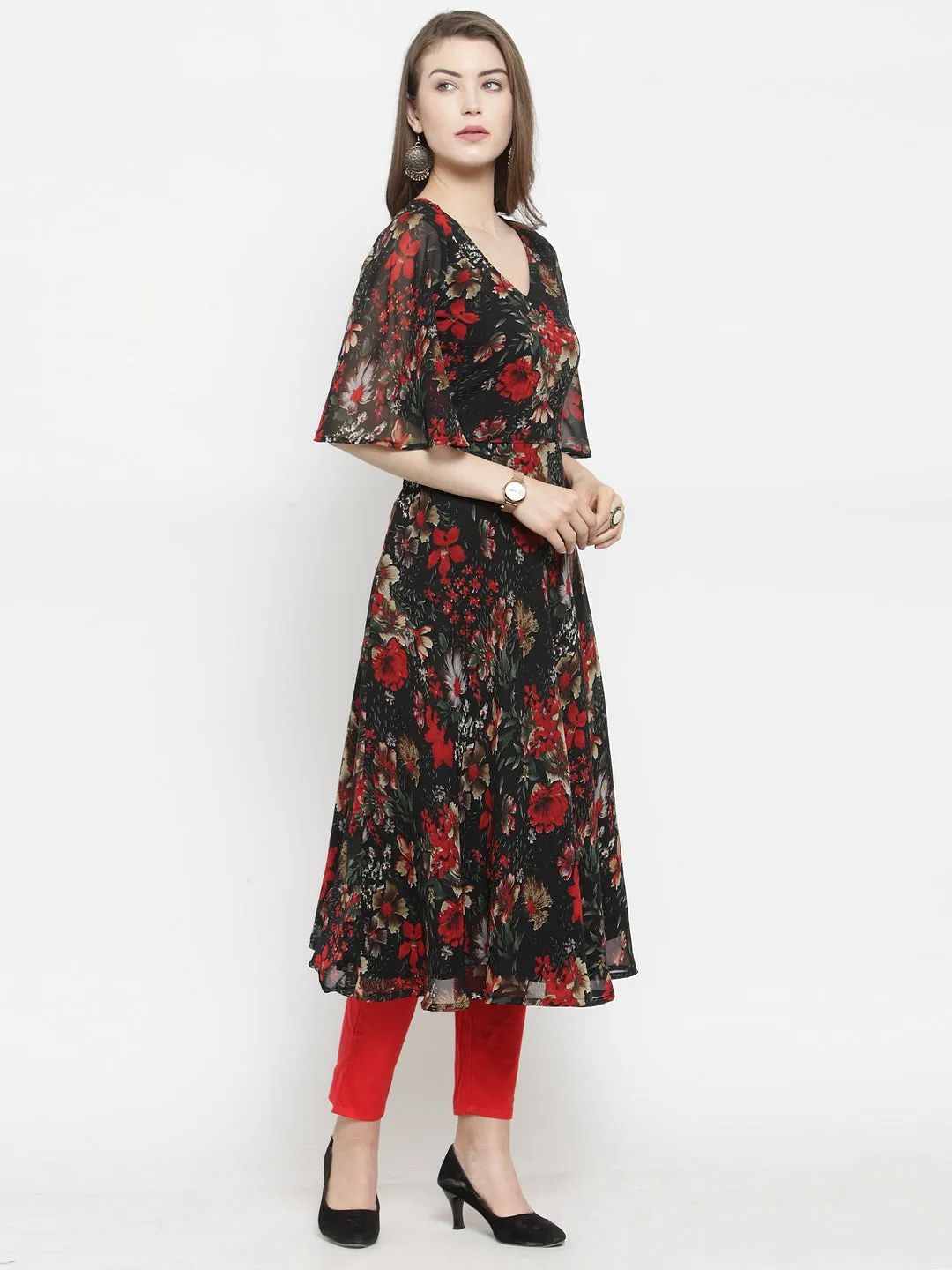 Women Black & Red Floral Printed Gorgette Flared Kurta