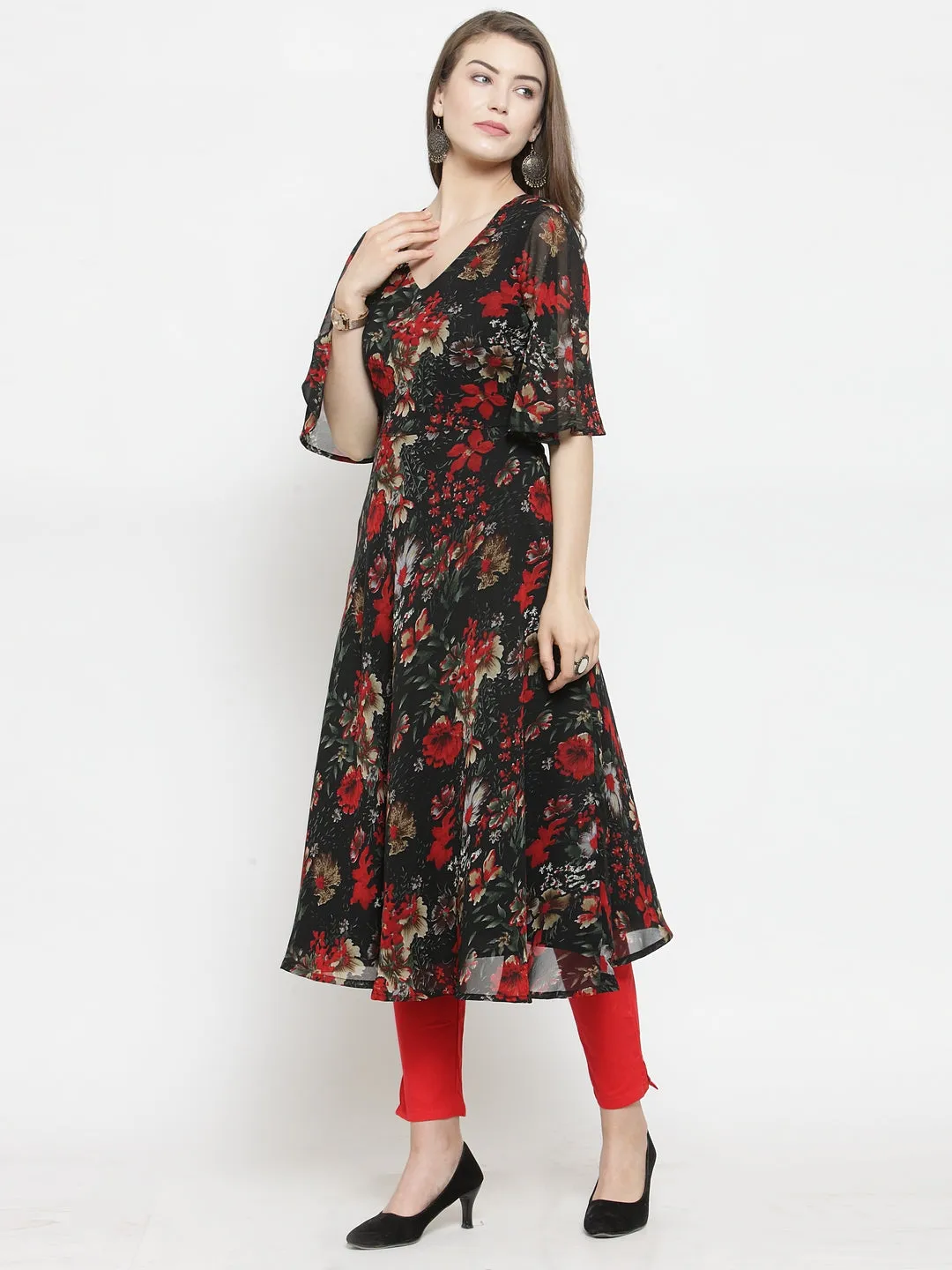 Women Black & Red Floral Printed Gorgette Flared Kurta