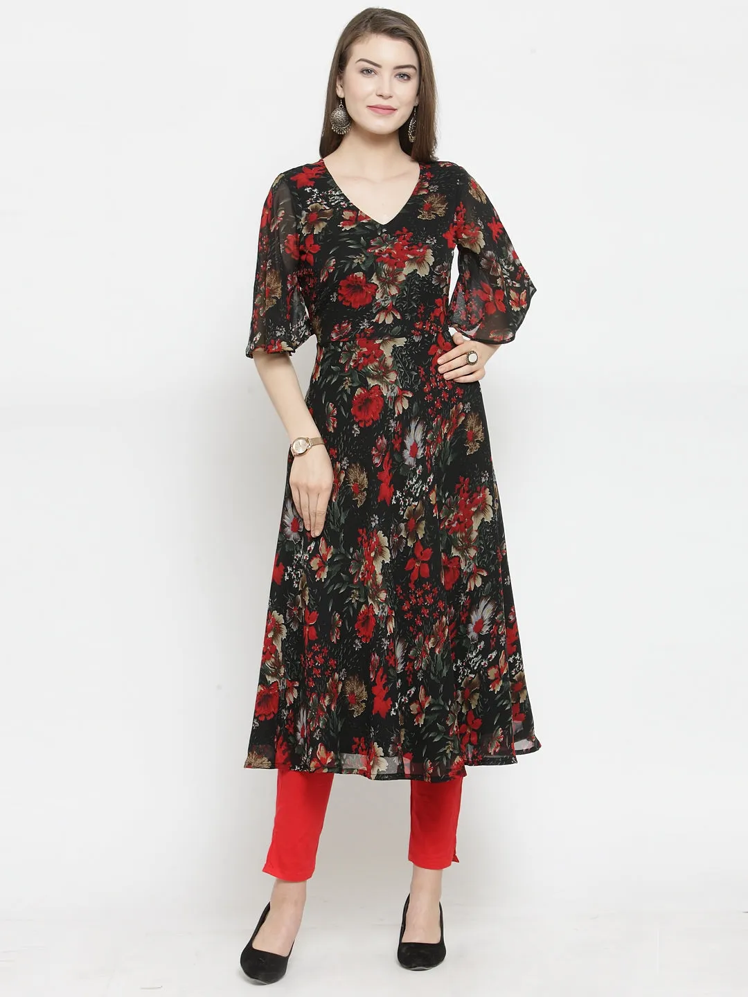 Women Black & Red Floral Printed Gorgette Flared Kurta