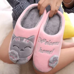 Women House Women Warm Home Slippers Couple Female Plush Cat Animal Ladies Slip On Flats UGG Style