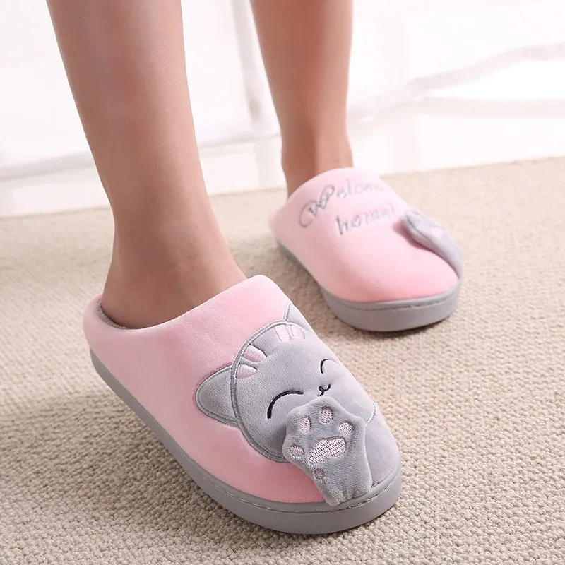 Women House Women Warm Home Slippers Couple Female Plush Cat Animal Ladies Slip On Flats UGG Style