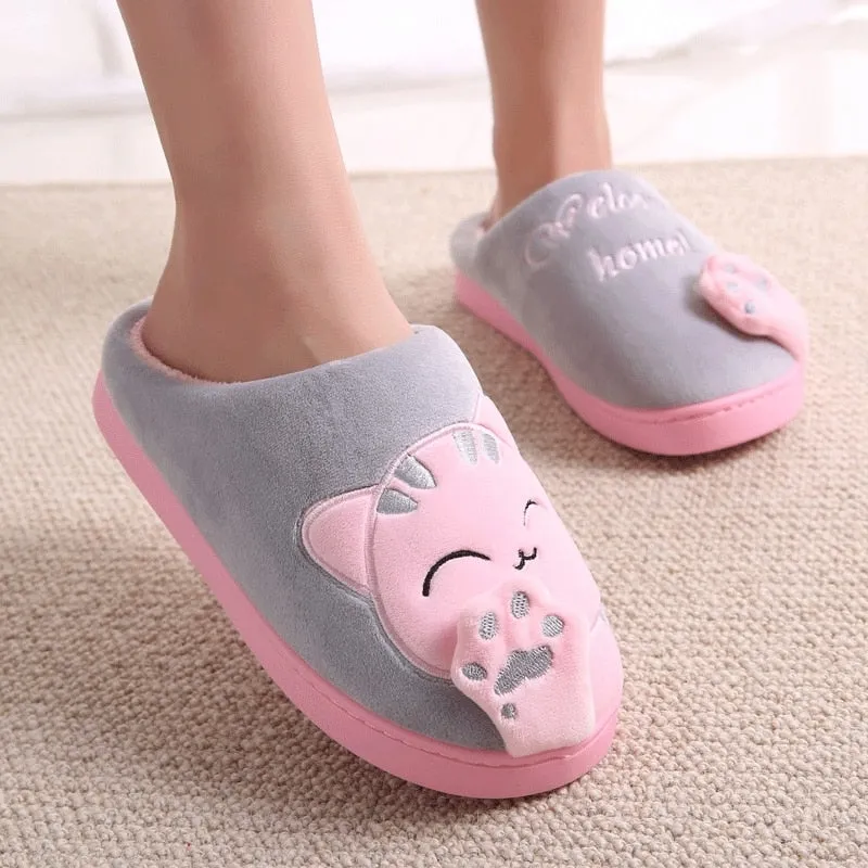 Women House Women Warm Home Slippers Couple Female Plush Cat Animal Ladies Slip On Flats UGG Style