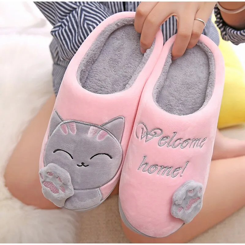 Women House Women Warm Home Slippers Couple Female Plush Cat Animal Ladies Slip On Flats UGG Style