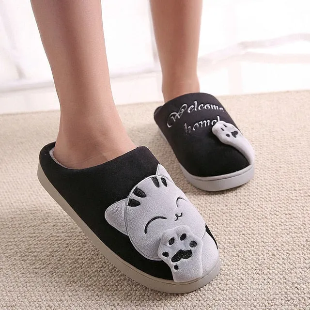 Women House Women Warm Home Slippers Couple Female Plush Cat Animal Ladies Slip On Flats UGG Style