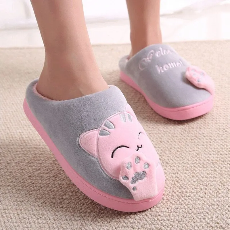 Women House Women Warm Home Slippers Couple Female Plush Cat Animal Ladies Slip On Flats UGG Style