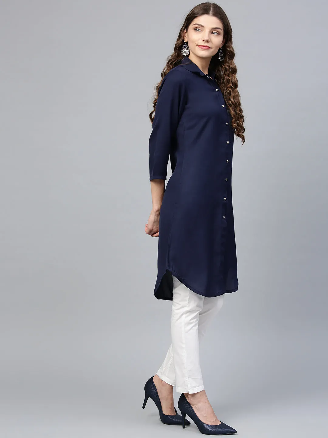 Women Navy Blue Solid A-Line Kurta