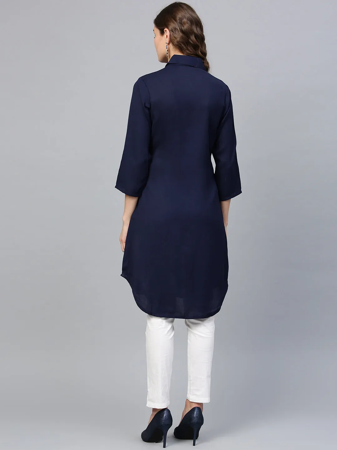Women Navy Blue Solid A-Line Kurta