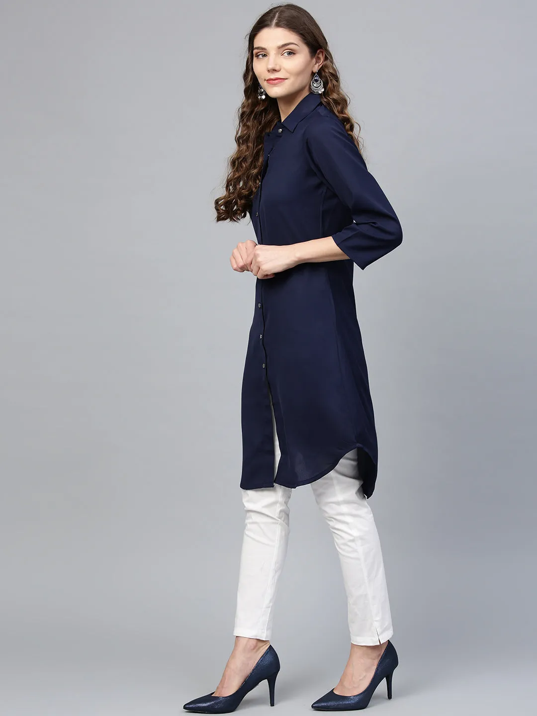 Women Navy Blue Solid A-Line Kurta