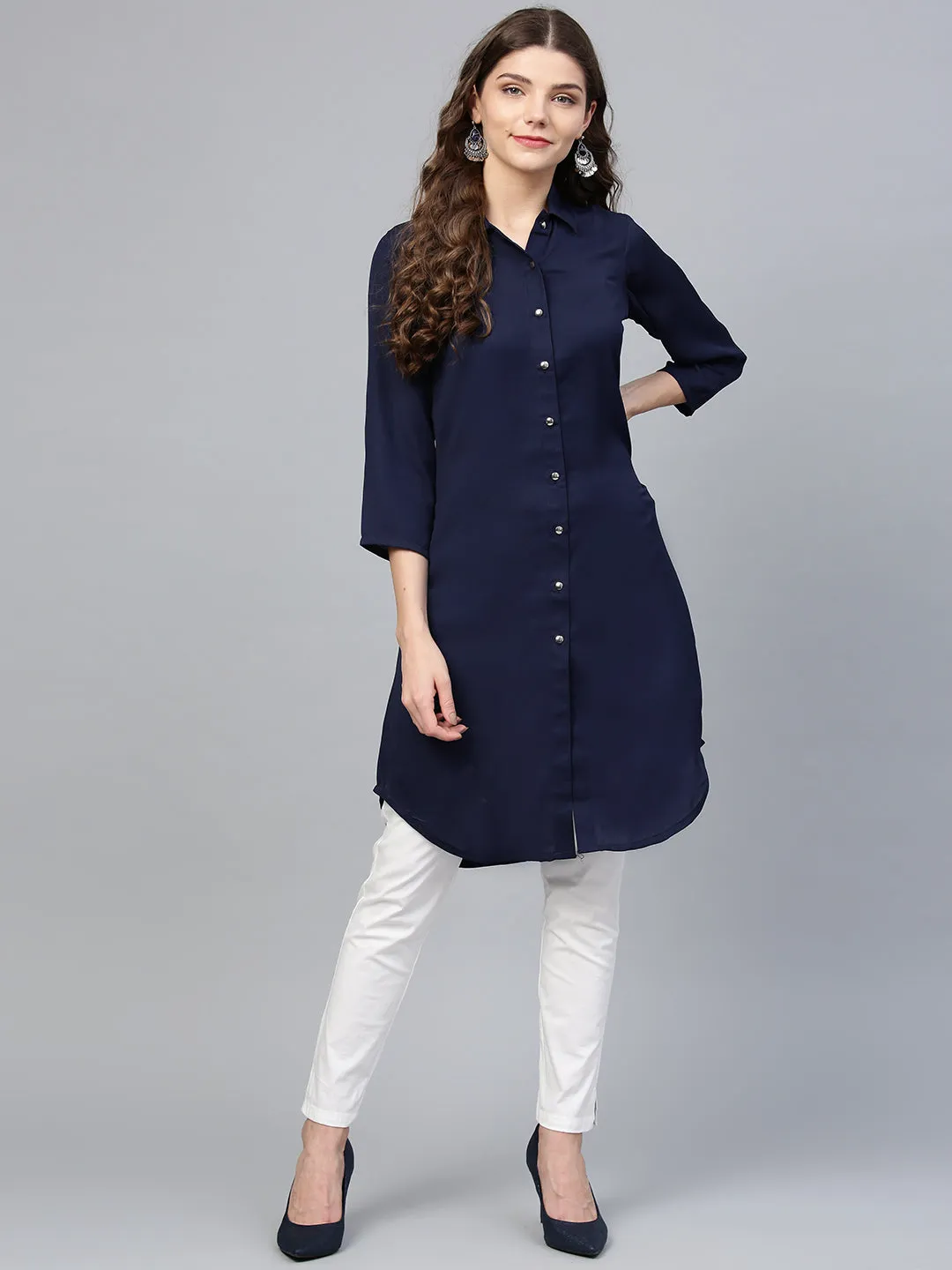 Women Navy Blue Solid A-Line Kurta