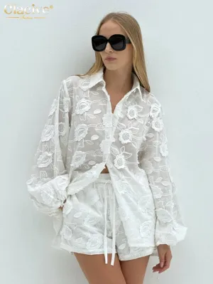 Women's Sheer Floral Embroidered Lace Blouse and Shorts Set – Elegant Two-Piece Outfit