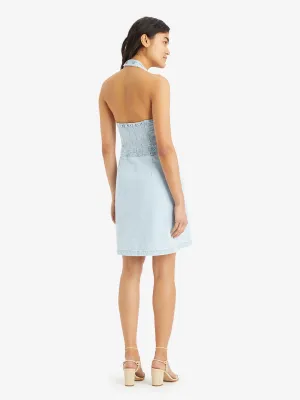 Women's Solid Light Blue Crew Neck Denim Dress