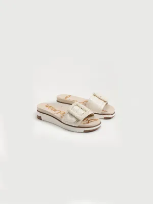 Women's Textured Buckle Flat slippers,Light Beige