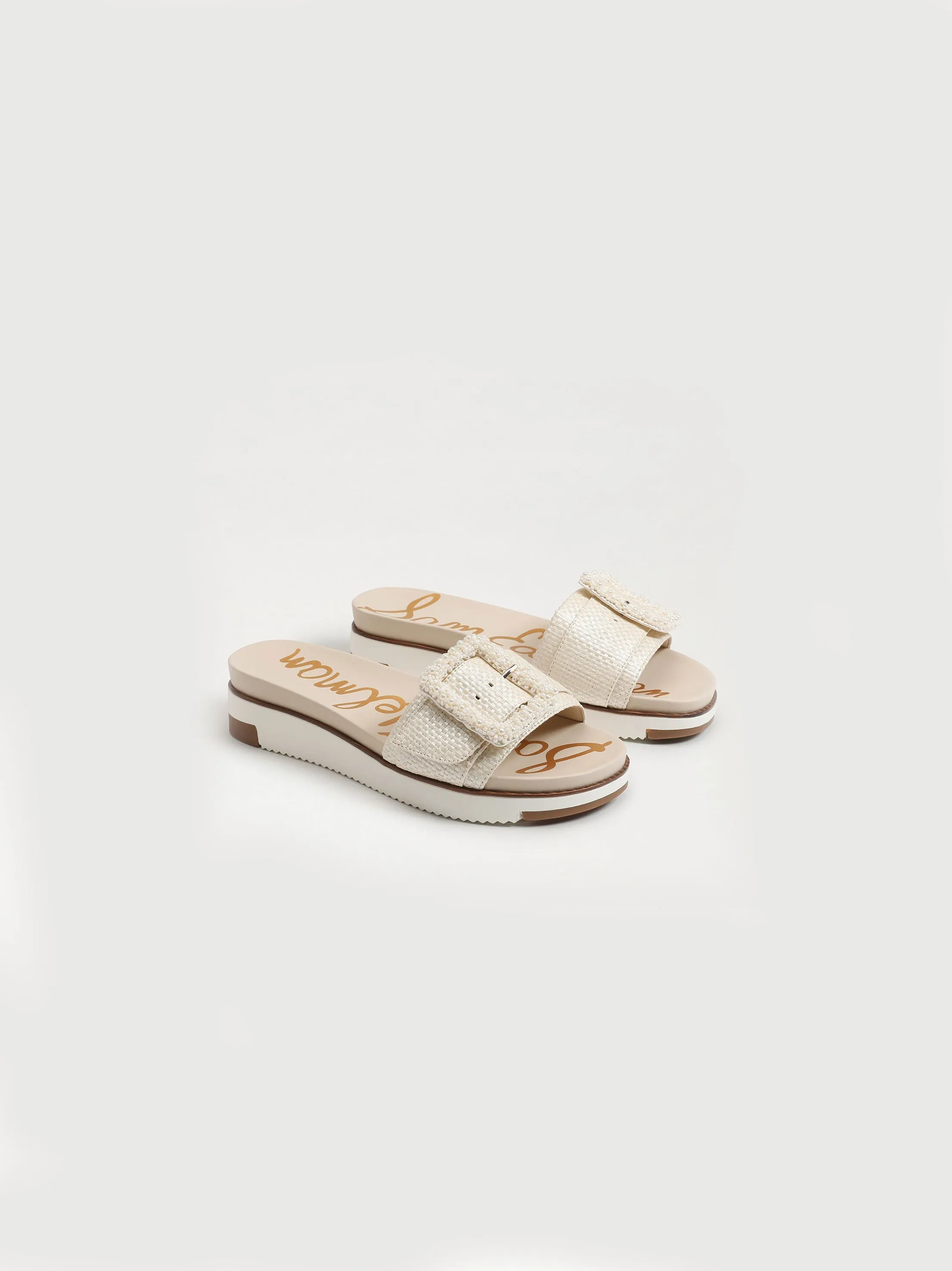 Women's Textured Buckle Flat slippers,Light Beige