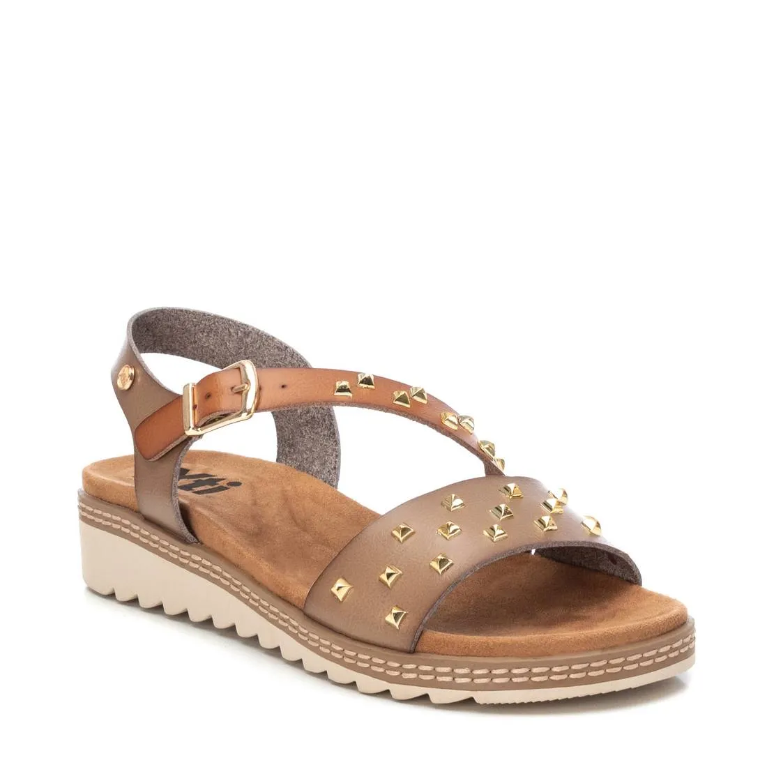 Women's Wedge Sandals With Gold Studs, 14133001 Light Brown