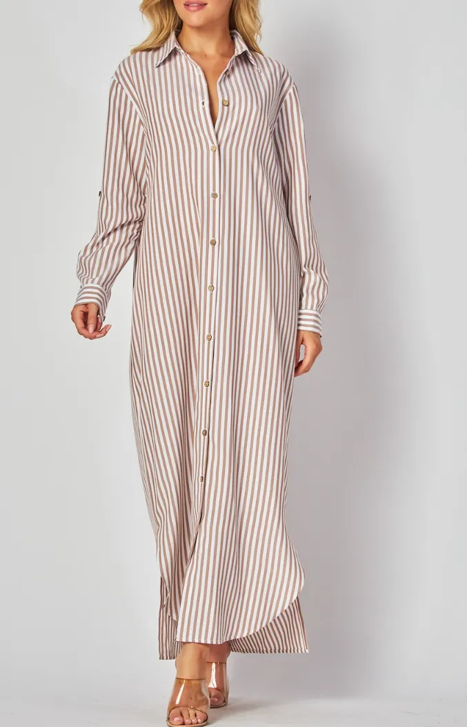 Woven Stripe Print Button-Down Maxi Dress with Rolled Sleeve