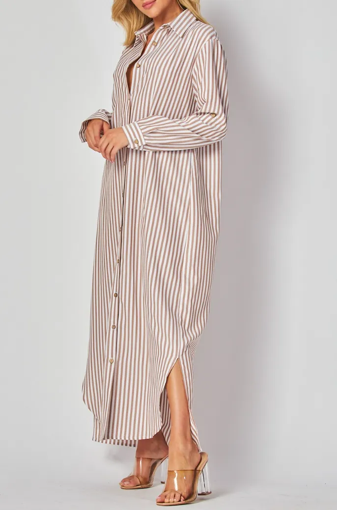 Woven Stripe Print Button-Down Maxi Dress with Rolled Sleeve