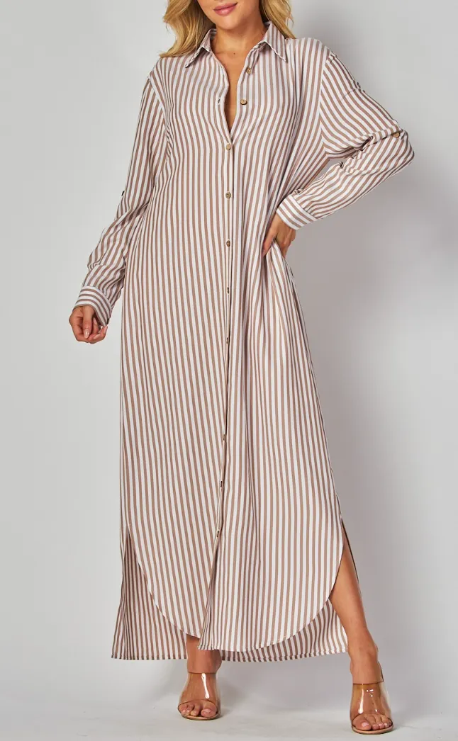 Woven Stripe Print Button-Down Maxi Dress with Rolled Sleeve