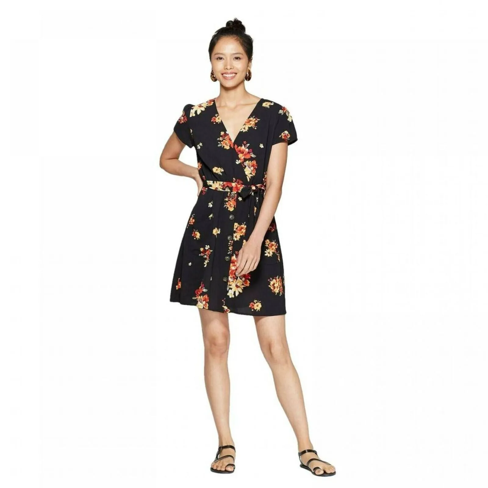 Xhilaration Women's Short Sleeve V Neck Button-Down Wrap Dress Black XXL