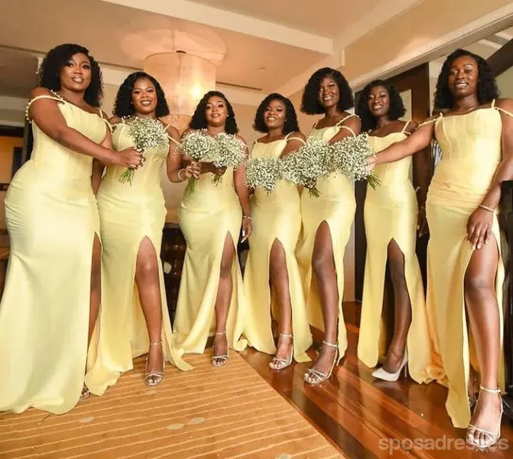 Yellow Mermaid Spaghetti Straps Side Slit Cheap Long Bridesmaid Dresses,WG1559